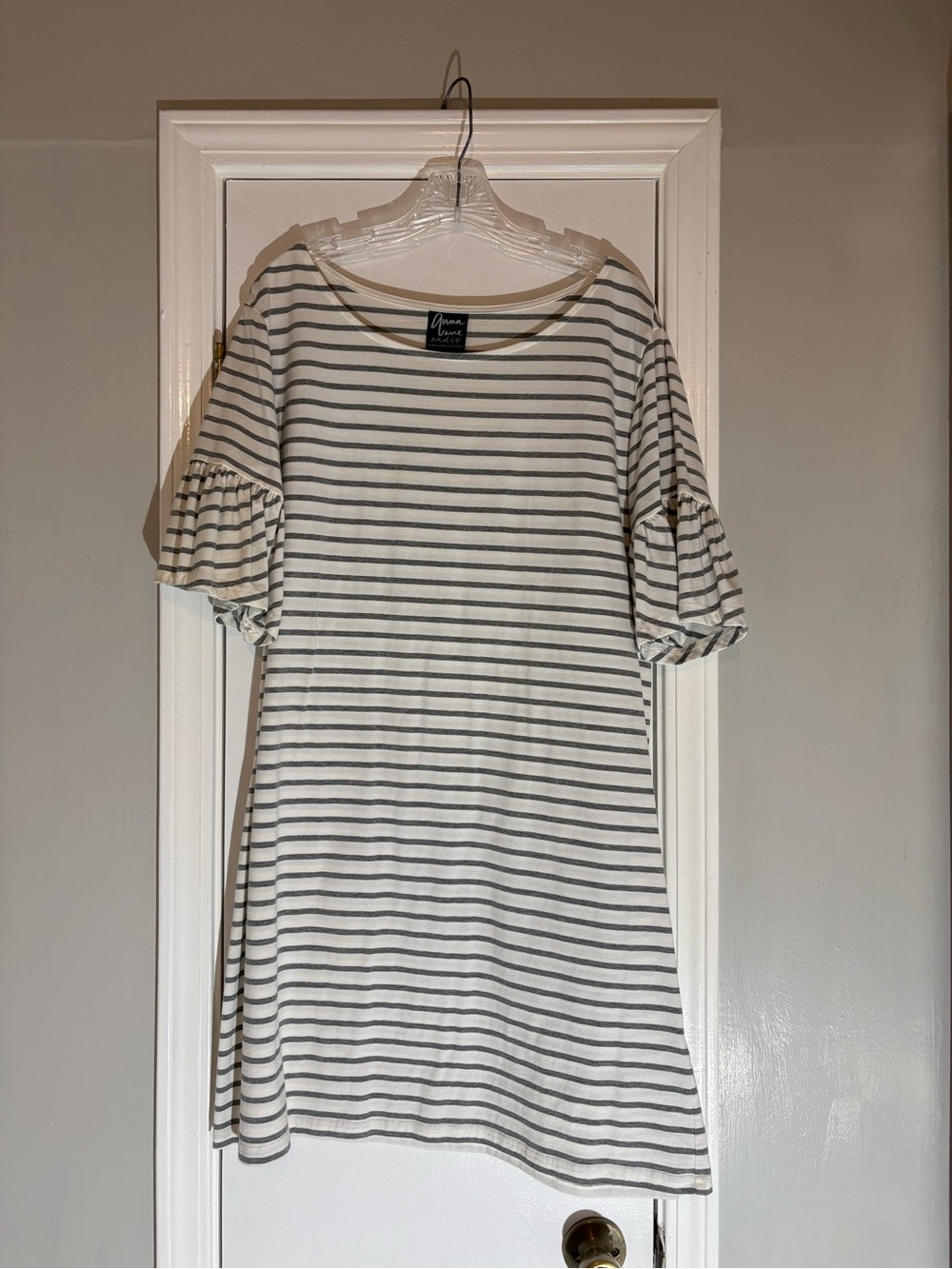 Stripe Ruffle Sleeve Midi Dress - Ivory & Gray